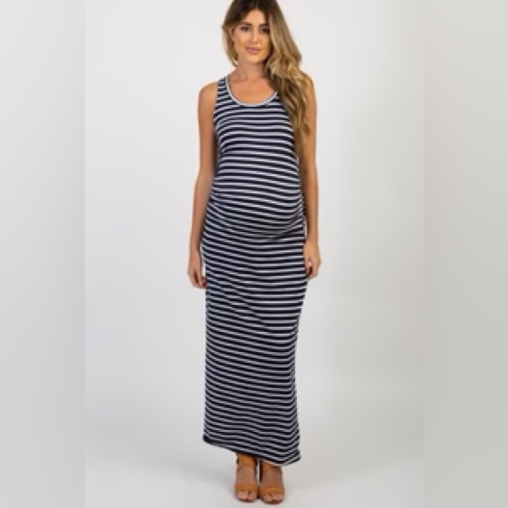 NWT PinkBlush Navy Blue Striped Sleeveless Fitted Maternity Maxi Dress